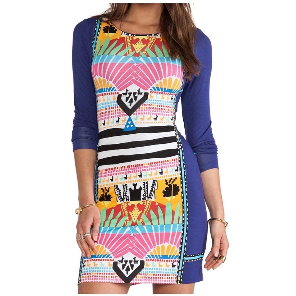 Mara Hoffman Blue Tribal Llama Print Long Sleeve Modal Bodycon Mini Dress XS